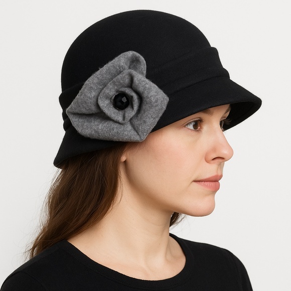 ADORA 100% Wool Black Cloche Hat w Gray Felt Flower O/S - Picture 1 of 8